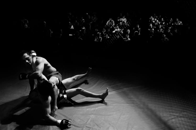 Mike Rutherford works the top position on Jorge Apolategui in the first round of their mixed martial arts fight at the Elks Theatre. Rutherford beat Apolategui, winning with an arm bar submission. The Elks Prize Fighting event is the first MMA event at the Elks Theatre.
